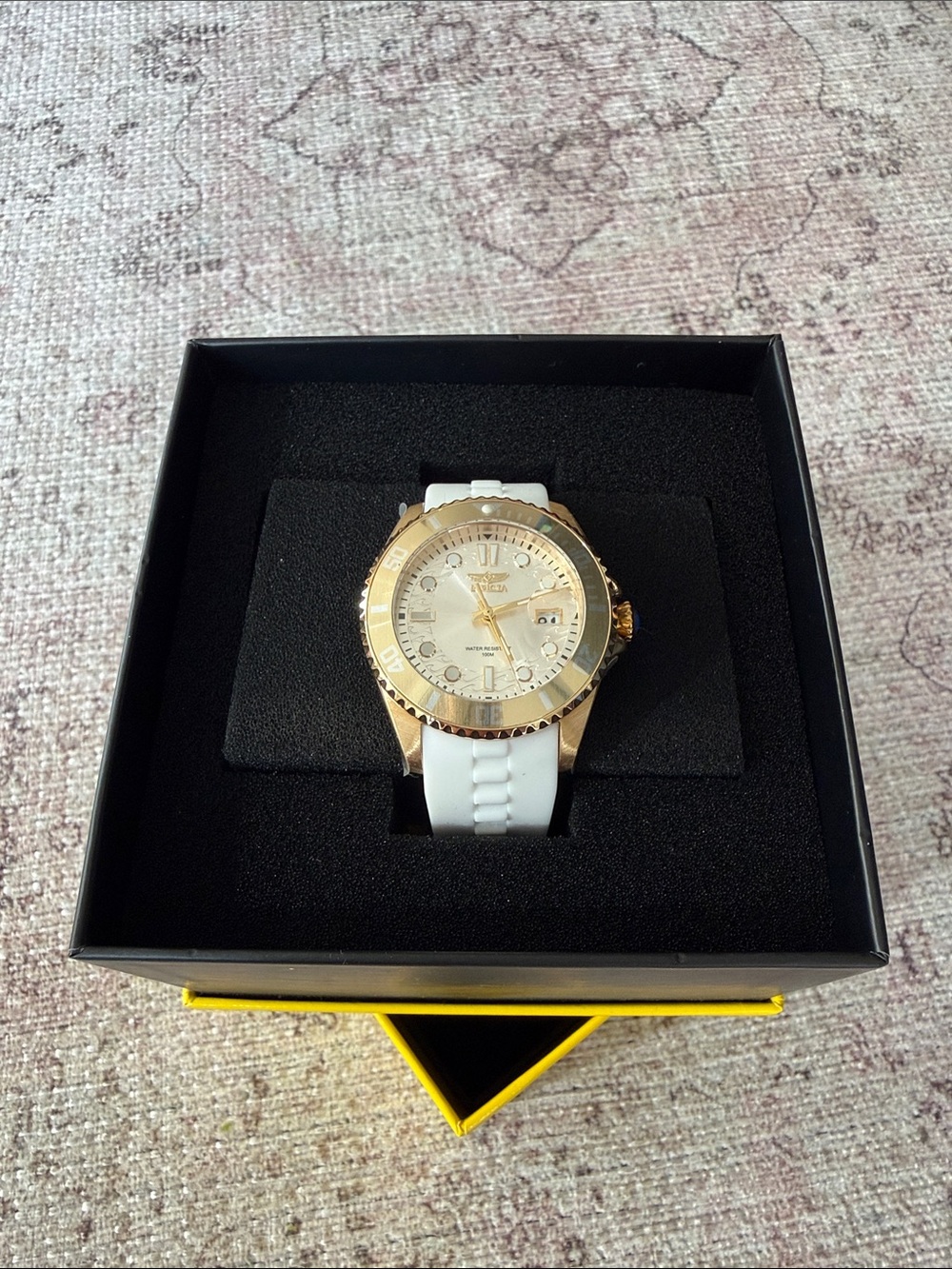 Invicta Gold-Tone Watch with White Strap and Champagne Dial